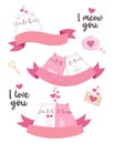 Set of ribbon banners with cute cats and pretty icons. Royalty Free Stock Photo